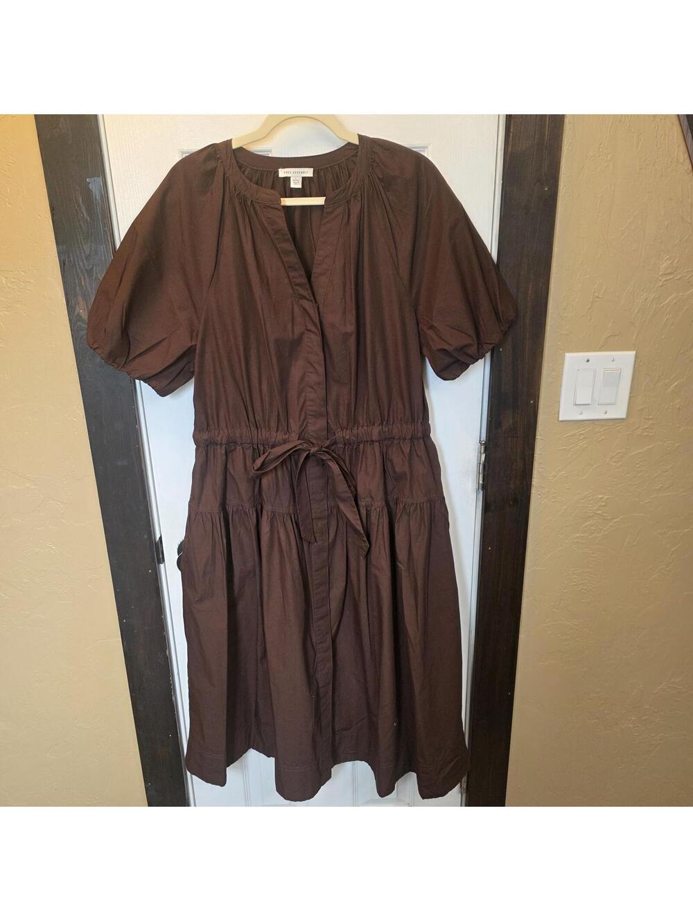 Free Assembly Women's Brown Puff Sleeve Tiered Cotton Dress Size L 12-14 NWOT